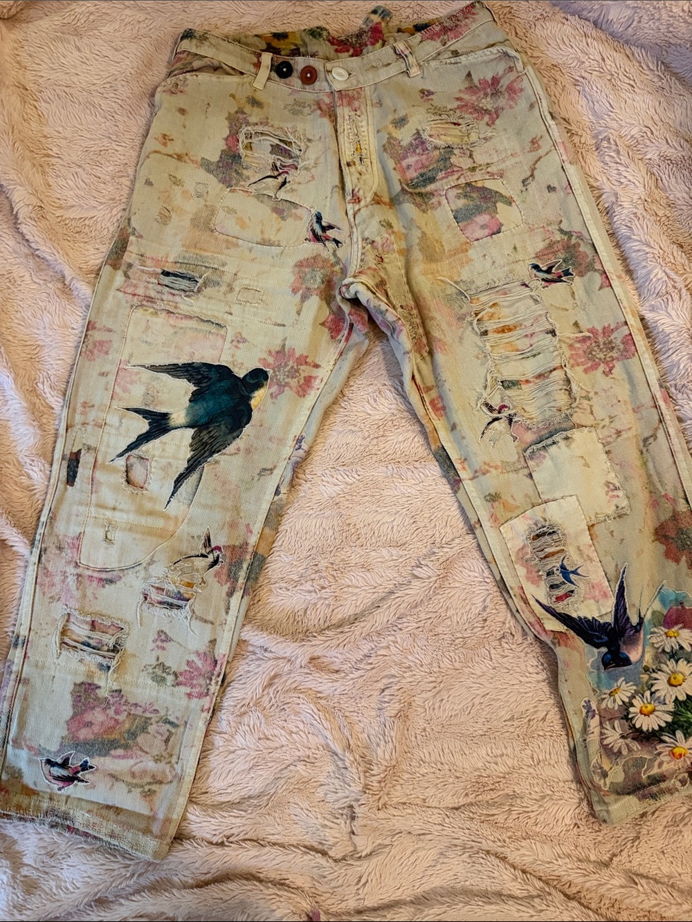 Magnolia Pearl Floral & Bird Distressed Painterly Pants - Cream, Pink, Blue